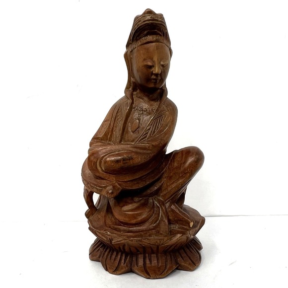 Other - Hand Carved Wood Guanyin Bodhisattva Statuette Asian Royal Ease Pose Figure 4.8"